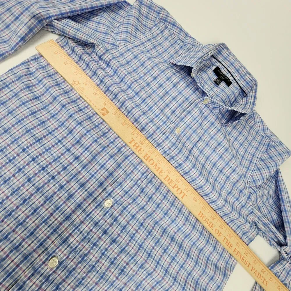 Banana Republic Mens M 15 15.5 Blue Pink Plaid Non Iron Slim Fit Dress Shirt